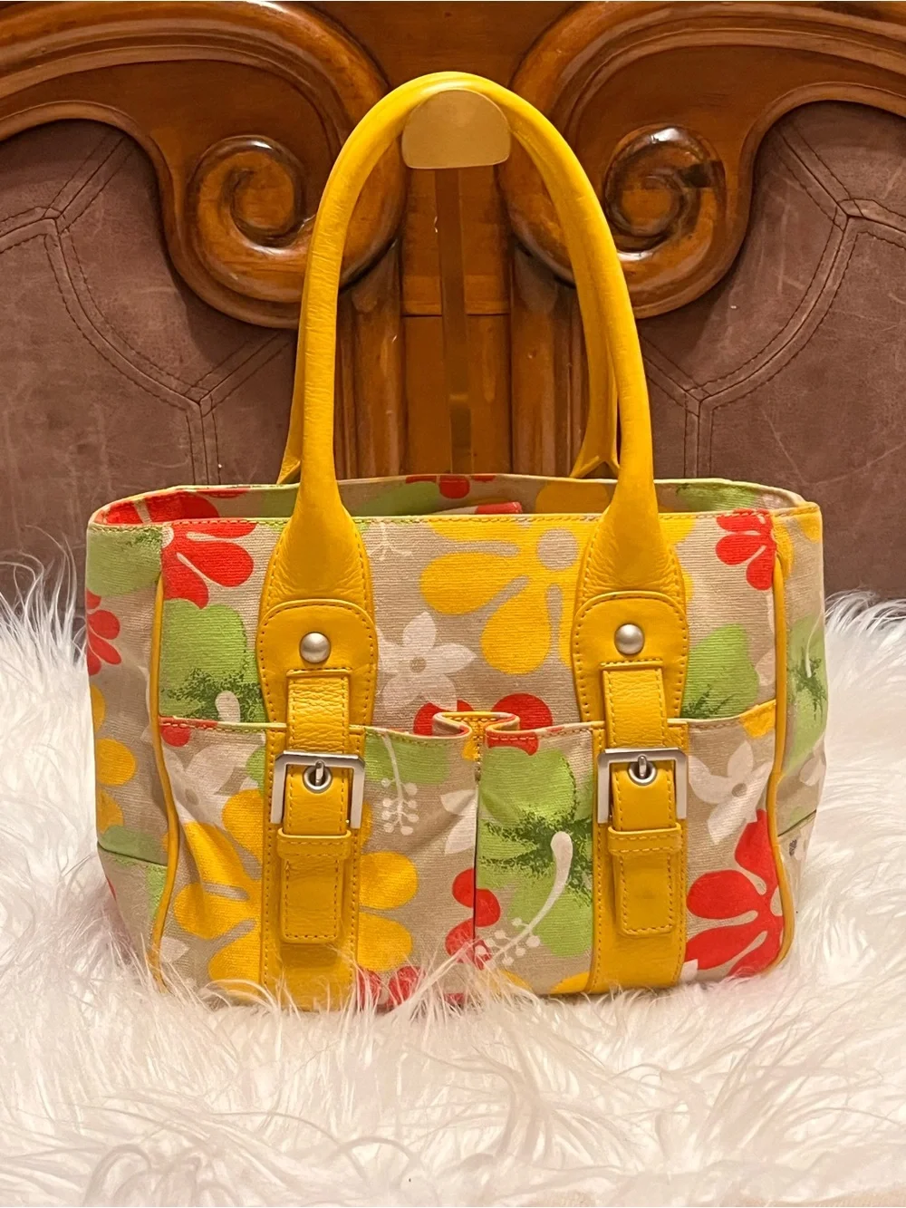 Audrey Brooke Yellow Floral Canvas Tote with Buckle Straps